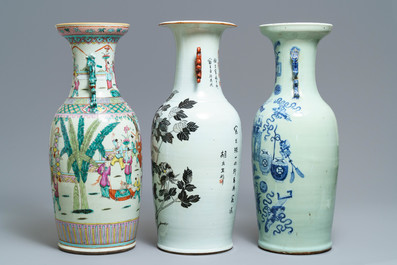 Trois vases en porcelaine de Chine bleu et blanc, famille rose et qianjiang cai, 19&egrave;me