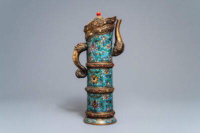 A large Chinese cloisonn&eacute; and inlaid gilt bronze 'Duomuhu' ewer, Republic, 20th C.