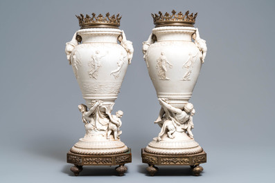 Une paire de vases en biscuit aux montures en bronze, sign&eacute;s Jammes, France, 19&egrave;me