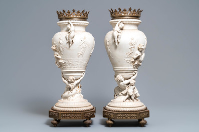 A pair of large bronze-mounted biscuit vases, signed Jammes, France, 19th C.