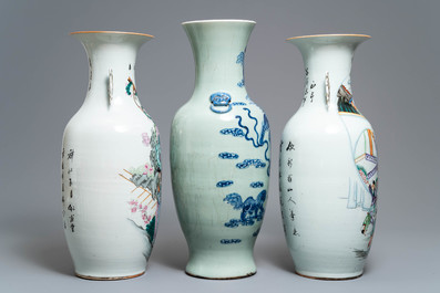 Two Chinese famille rose vases and a blue and white celadon vase, 19/20th C.