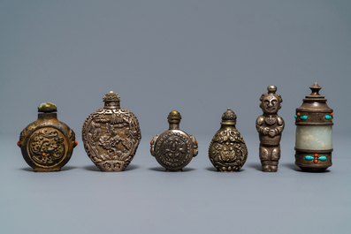 Six Chinese coral and turquoise-inlaid silver and jade snuff bottles, 19/20th C.