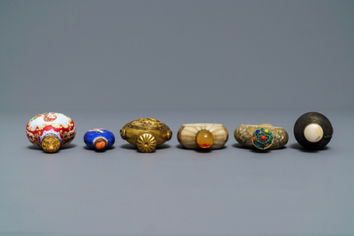 Six Chinese Canton and Beijing enamel, mother of pearl and gilt brass snuff bottles, 18/19th C.