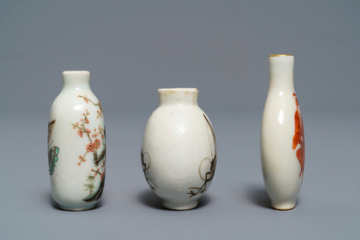 Three Chinese famille rose and iron red porcelain snuff bottles, 19th C.