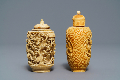 Two Chinese carved ivory snuff bottles, 19th C.