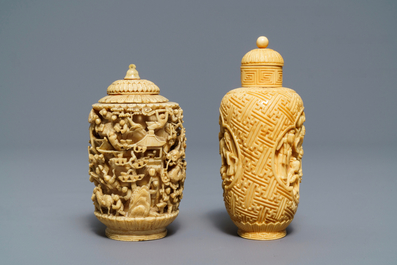 Two Chinese carved ivory snuff bottles, 19th C.