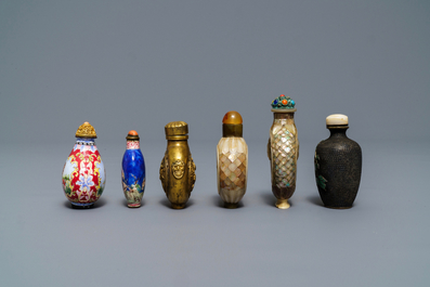 Six Chinese Canton and Beijing enamel, mother of pearl and gilt brass snuff bottles, 18/19th C.