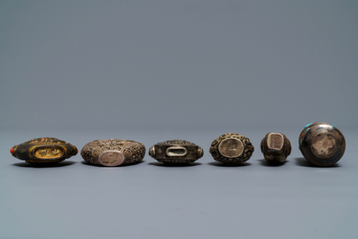 Six Chinese coral and turquoise-inlaid silver and jade snuff bottles, 19/20th C.