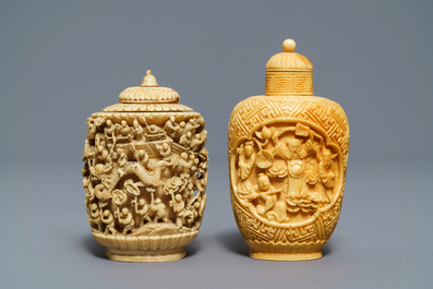 Two Chinese carved ivory snuff bottles, 19th C.