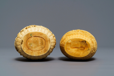 Two Chinese carved ivory snuff bottles, 19th C.