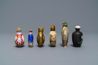 Six Chinese Canton and Beijing enamel, mother of pearl and gilt brass snuff bottles, 18/19th C.