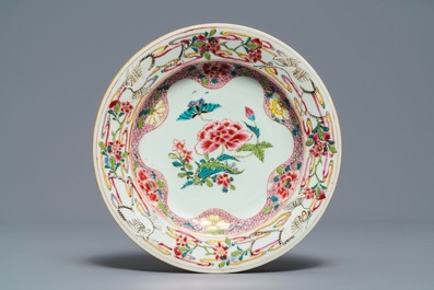 Vier Chinese famille rose borden met pioenen en kraanvogels, Qianlong