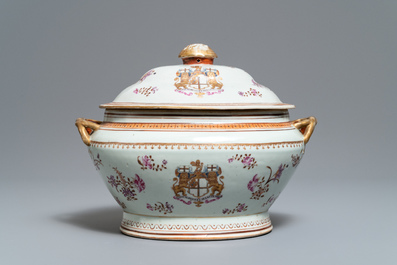 A Chinese famille rose 'New British East India Company' armorial tureen and cover, Jiaqing