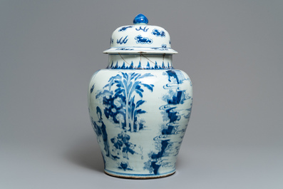 A Chinese blue and white vase with figures in a garden, Kangxi