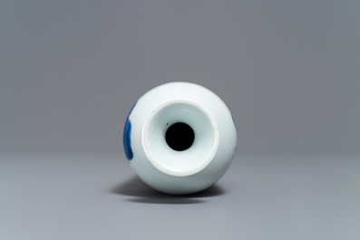 A Chinese blue and white rouleau vase with a figure in a landscape, Transitional period