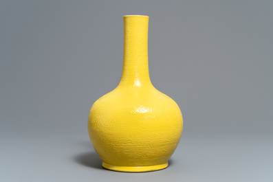 A Chinese monochrome yellow vase with underglaze dragon design, Zai Fu Tang Zhi mark, 19th C.