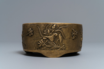A large Chinese gilt bronze incense burner in the manner of Hu Wenming, Xuande mark, 19th C.