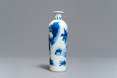 A Chinese blue and white rouleau vase with a figure in a landscape, Transitional period