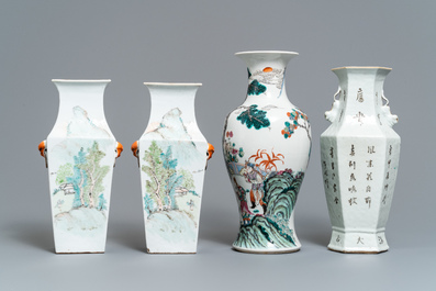 Four Chinese famille rose and qianjiang cai vases, 19th C.