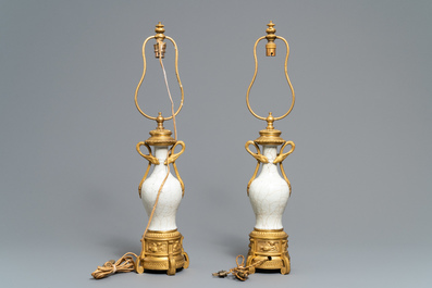 A pair of Chinese gilt bronze-mounted crackle-glazed vases, 18th C.