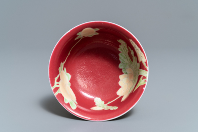 A rare Chinese ruby and yellow-ground bowl, Yongzheng
