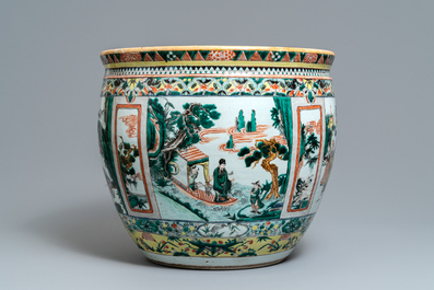 A Chinese famille verte 'immortals' fish bowl, 19th C.