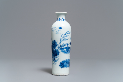 A Chinese blue and white rouleau vase with a figure in a landscape, Transitional period