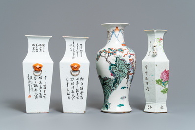 Quatre vases en porcelaine de Chine qianjiang cai et famille rose, 19&egrave;me