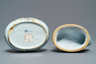 A polychrome Dutch Delft 'plover' butter tub and cover, 18th C.