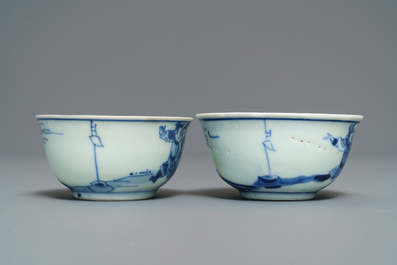 A pair of Chinese blue and white cups and saucers with figures, Ca Mau wreck, Yongzheng