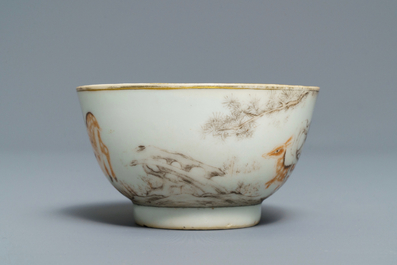 A Chinese grisaille and iron red cup and saucer with deer, Yongzheng/Qianlong