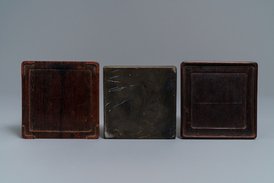 A square Chinese inscribed wood-encased duan inkstone, 19/20th C.