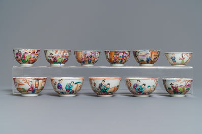 Elf Chinese famille rose koppen, acht schotels, een theepot en een vaas met mandarijns decor, Qianlong
