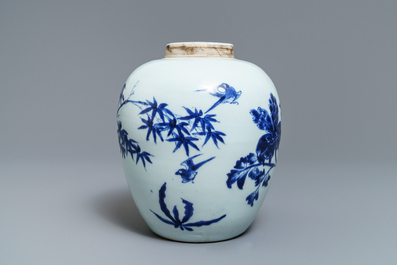 A Chinese blue and white jar with birds among blossoms, Transitional period