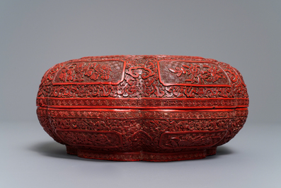 A Chinese cinnabar lacquer box and cover with figures in a landscape, 19th C.