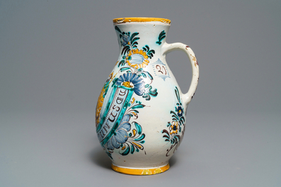 A Habaner pottery 'Holy Trinity' jug, Slovakia, dated 1820