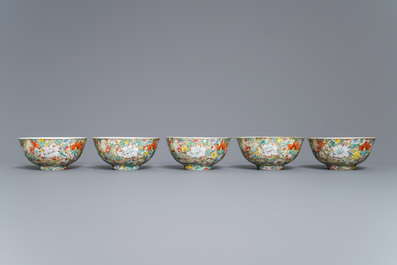 Five Chinese famille rose 'millefleurs' bowls, Qianlong mark, Republic, 20th C.