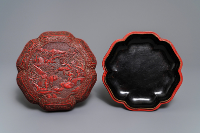 A Chinese cinnabar lacquer box and cover with figures in a landscape, 19th C.