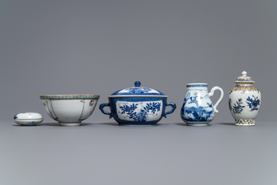 A varied collection of Chinese blue and white and famille rose wares, Kangxi and later