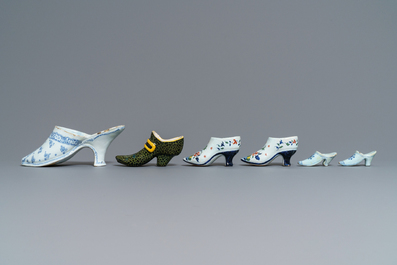 Six Dutch Delft and French faience models of shoes and slippers, 18/19th C.