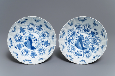 A pair of Chinese blue and white floral bowls, Chenghua mark, Kangxi