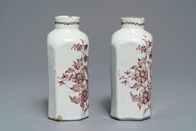 A pair of manganese Dutch Delft tea caddies with floral design, 18th C.