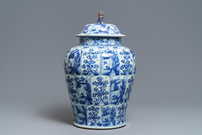 A large Chinese blue and white 'landscape' vase and cover, Kangxi