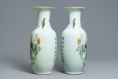 A pair of Chinese famille rose 'Magu' vases, 19/20th C.