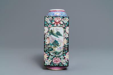 A Chinese famille rose millefleurs 'cong' vase, Qianlong mark, Republic, 20th C.