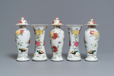 A famille rose-style five-piece garniture with roosters and chickens, Samson, Paris, 19th C.