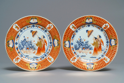 Zes Chinese Imari-stijl borden naar Cornelis Pronk, 'De parasoldames', Qianlong, ca. 1736-1738