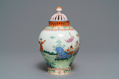 A reticulated Chinese famille rose 'Playing boys' vase, Jiaqing mark, Republic