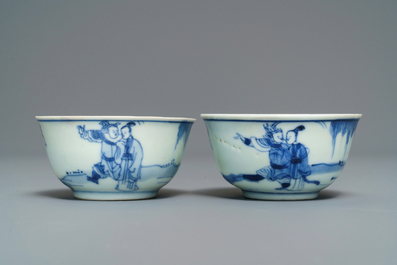 A pair of Chinese blue and white cups and saucers with figures, Ca Mau wreck, Yongzheng