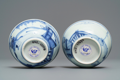 A pair of Chinese blue and white cups and saucers with figures, Ca Mau wreck, Yongzheng